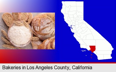baked bakery bread; Los Angeles County highlighted in red on a map