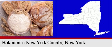 baked bakery bread; New York County highlighted in red on a map