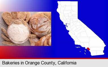 baked bakery bread; Orange County highlighted in red on a map