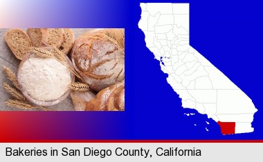 baked bakery bread; San Diego County highlighted in red on a map