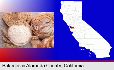 baked bakery bread; Alameda County highlighted in red on a map