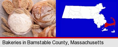 baked bakery bread; Barnstable County highlighted in red on a map