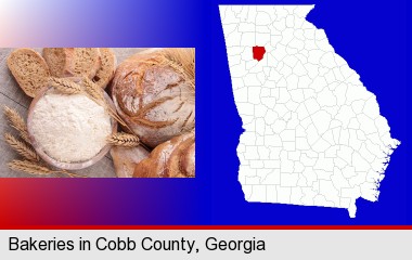 baked bakery bread; Cobb County highlighted in red on a map