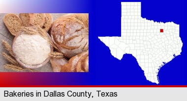 baked bakery bread; Dallas County highlighted in red on a map