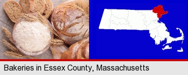 baked bakery bread; Essex County highlighted in red on a map