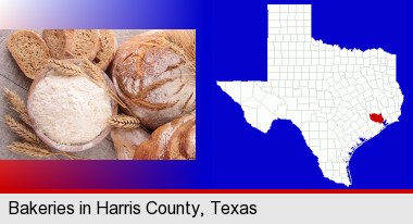 baked bakery bread; Harris County highlighted in red on a map