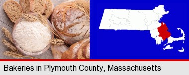 baked bakery bread; Plymouth County highlighted in red on a map