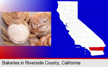 baked bakery bread; Riverside County highlighted in red on a map