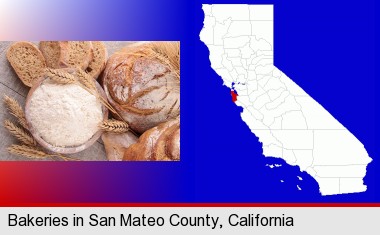 baked bakery bread; San Mateo County highlighted in red on a map