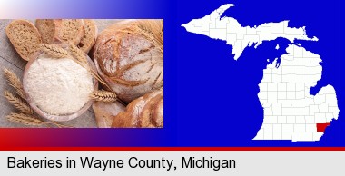 baked bakery bread; Wayne County highlighted in red on a map